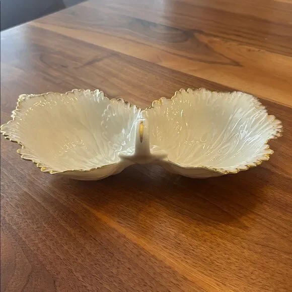 Lenox Double Leaf Leaves Cream Gold Candy Trinket Catch All Dish Made in USA - Picture 4 of 9